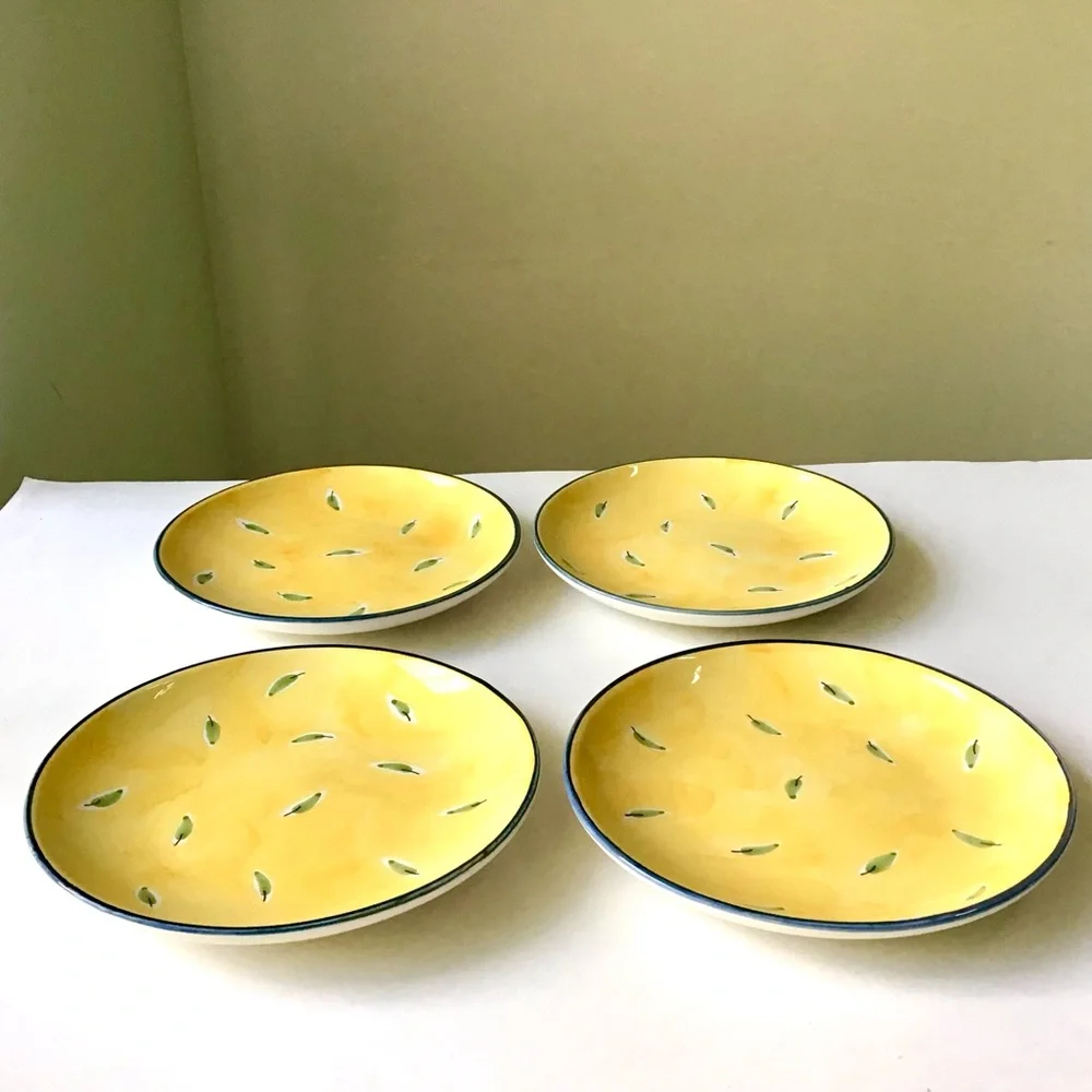 Stonemite Plates 4 Salad Dessert Appetizer 7.5” Hand Painted Yellow Green Leaf